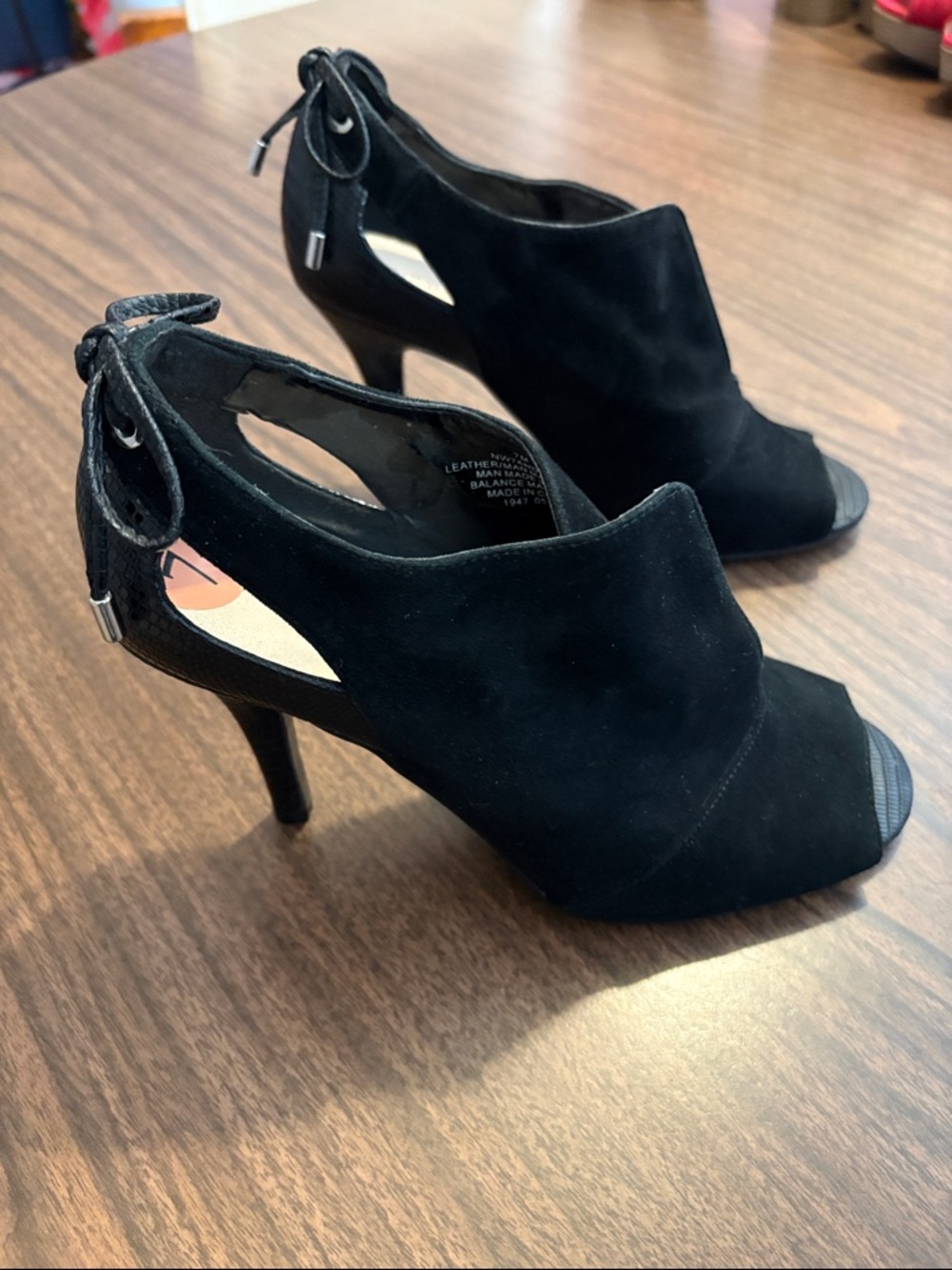 Nine West 7 Andra Black Leather Suede Peep Ankle High Heel Booties